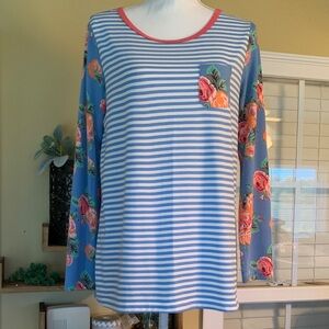 Matilda Jane Blue and Pink Floral Stripe Blouse. NWOT